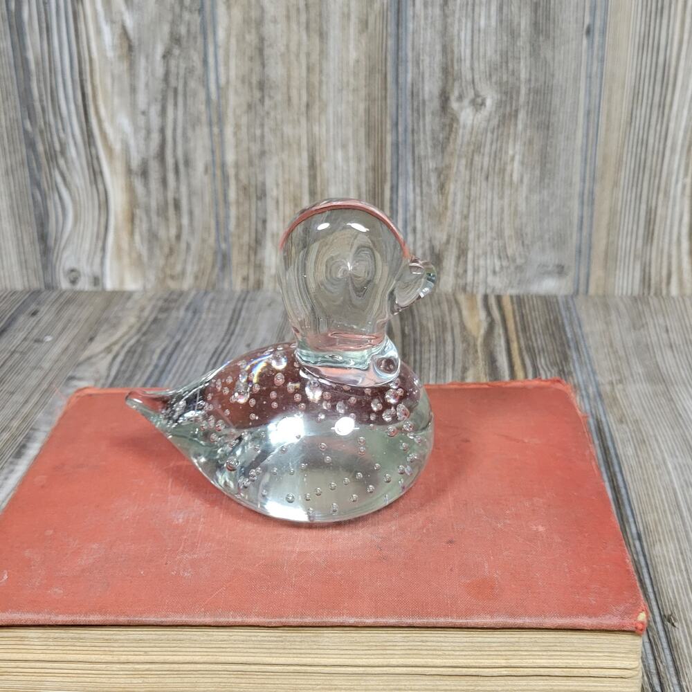 Vintage Art Glass Duck Figurine, Bullicante Clear Paperweight